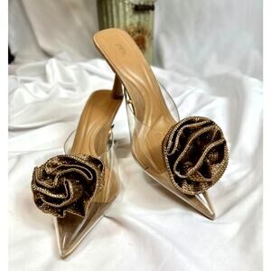 Zara Shiny Embellished Flower Vinyl Mules Beige 39 (8)